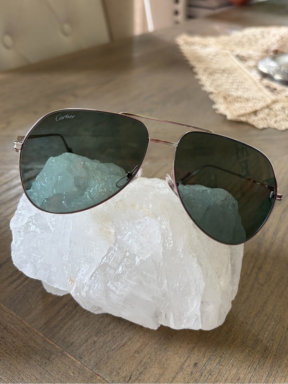 Cartier Silver Frame Sunglasses with Dark Green Lenses